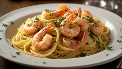 Shrimp Scampi dish featuring shrimp cooked in garlic, butter, and white wine, often served over pasta