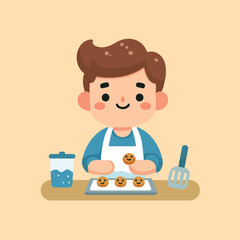 Boy baking cookies in the kitchen flat style vector illustration