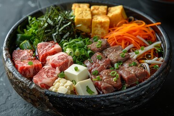 Sukiyaki - Hot pot with thinly sliced beef, vegetables, tofu, and noodles in a sweet soy sauce broth. 