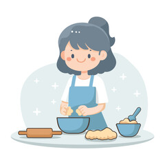 Young girl baking cookies in the kitchen flat style vector illustration