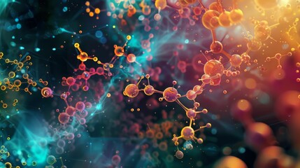 A colorful image of molecules and atoms in a swirling pattern - Powered by Adobe
