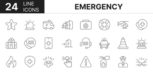 Collection of 24 Emergency line icons featuring editable strokes. These outline icons depict various modes of Emergency, ambulance, police, lifebuoy, vector, set, crisis, urgency, caution,