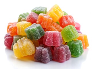 Gummy candies in wooden bowl isolated on white background.