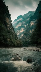 Urgut Canyon in the Tien Shan mountains, high cliffs with lush green vegetation, a fast river in the forest, cloudy sky.