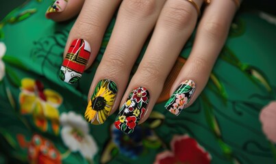 Close-up of hands with intricately designed floral patterned nail art on a bright yellow floral backdrop