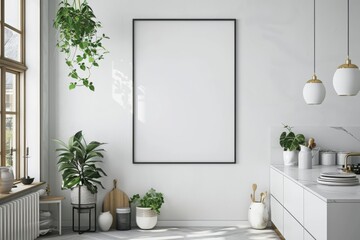 Fototapeta premium Poster mockup in scandinavian kitchen interior created with generative ai