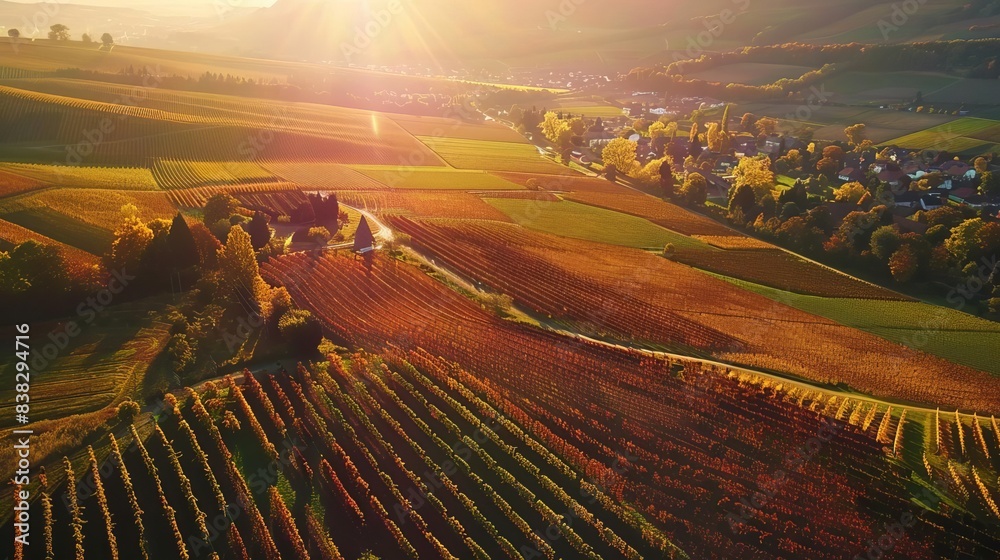Wall mural stunning aerial view of rheingau vineyards in autumn colorful landscape with sundrenched fields germ - Wall murals