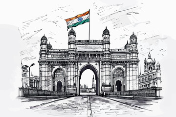 Fototapeta premium Watercolor splash with hand drawn sketch of Gateway of India Mumbai, India in vector illustration.