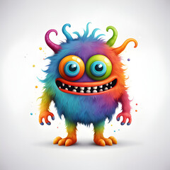 A cute monster with big eyes colorful smiling face delightful funny animated fantasy on white background
