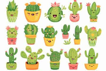 Vector illustration set of funny cactus characters in cartoon style isolated on white background