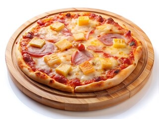 Hawaiian pizza in wooden plate isolated on white background.Homemade Hawaiian Pizza