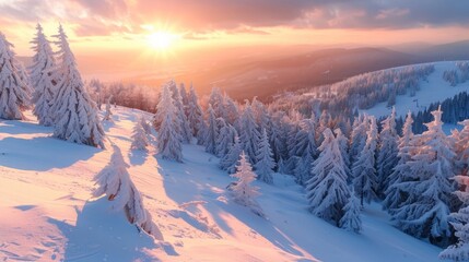 Picturesque winter landscape of snowy valley covered by coniferous woods at sunset