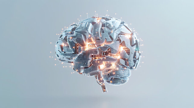 A digital brain made of circuits and lights isolated on white background. Artificial intelligence concept photo - Powered by Adobe