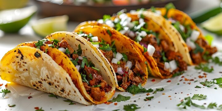 Minimalist background featuring Tacos al Pastor isolated on a white surface. Concept Food Photography, Mexican Cuisine, Tacos al Pastor, Minimalist Background, White Surface