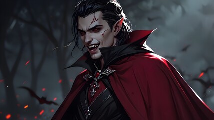 A vampire with fangs and a cape. Fantasy concept. Illustration. Generative AI