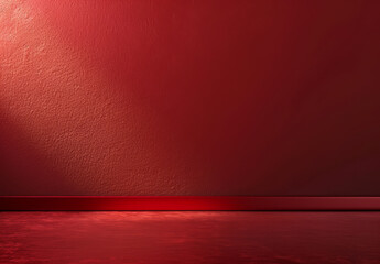 Podium on red background, studio room with a wall, a large space for product display, soft lighting, minimalist style