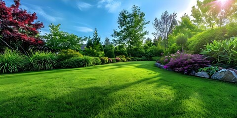 Scenic backyard with lush green grass and clear blue sky. Concept Landscape Photography, Nature Photography, Backyard Photoshoot, Outdoor Scenery, Lush Greenery