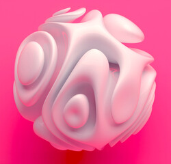 3d render abstract art with surreal alien sphere ball in curve wavy organic smooth and soft lines forms in glossy white ceramic material on rose pink background in deformation process