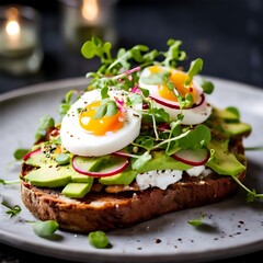Hearty breakfast plate with scrambled eggs and crusty bread