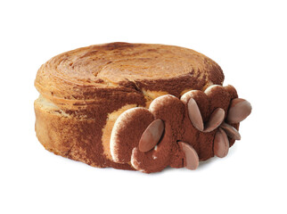 Round croissant with chocolate chips and cream isolated on white. Tasty puff pastry