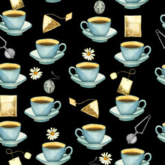 Watercolor pattern on a tea theme. Cups of tea, chamomile, tea bags, tea strainer. Everything is hand painted with watercolors. Watercolor illustration. For printing on packaging, design, scrapbooking