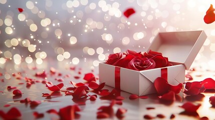 stylish product presentation mockup with open gift box red rose petals and shimmering background - Powered by Adobe