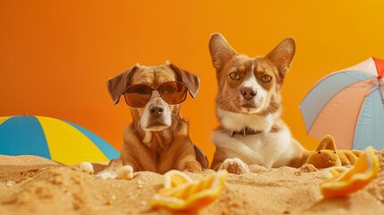 Cat and dog on summer holiday, isolated on orange background, photorealistic, vibrant, overlay, beach setting