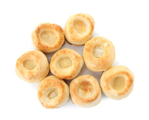 Delicious fresh puff pastry isolated on white, top view