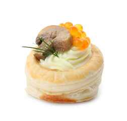 Delicious puff pastry with cream cheese, red caviar, mushroom and dill isolated on white