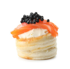 Delicious puff pastry with cream cheese, salmon and black caviar isolated on white