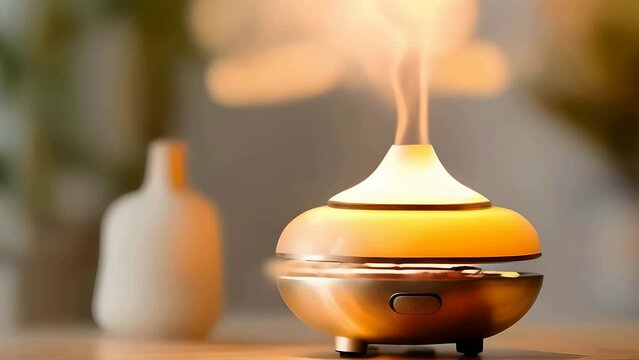 Close up view of a steaming aroma lamp on table. Shallow depth of field
