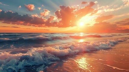 a breathtaking sunset at the beach, with the sun setting behind the ocean waves - Powered by Adobe