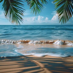 Blurred summer background with palm leaves and beach sand, blue sky and sea in morning sunlight. vacation on an island for banner design template. Summer travel concept background with empty space