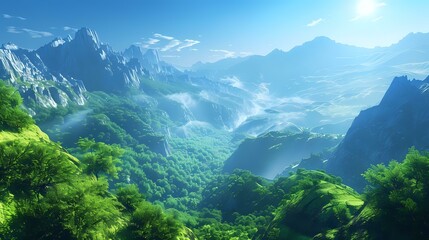 a breathtaking view of a lush green mountain slope. The scene is set against a backdrop of a clear blue sky - Powered by Adobe