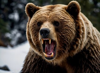 Fototapeta premium Photograph of the face of a big bear in the forest with anger