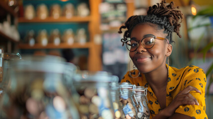 Afro-American Woman Sitting In Front Of Large Glass Jars Filled With Saved Coins, Representing Financial Planning, Savings, And Economic Empowerment