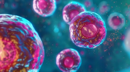 Naklejka premium 3D illustration of a group of pink and blue human cells floating in a blue background.