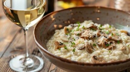 Gourmet mushroom risotto served in a rustic bowl with a glass of white wine on a wooden table.