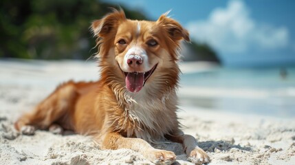 A cheerful dog enjoys a sunny day on a white sand beach, embodying the joy and freedom of summer days.

