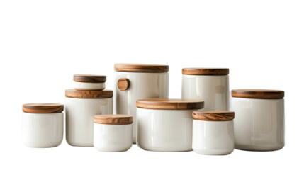 set of ceramic canisters with labeled lids, perfect for storing pantry essentials in the kitchen
