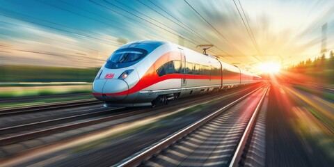 The train is traveling at high speed on the railroad tracks.