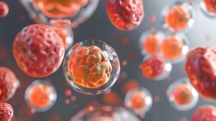 3D illustration of a group of red and orange cancer cells.