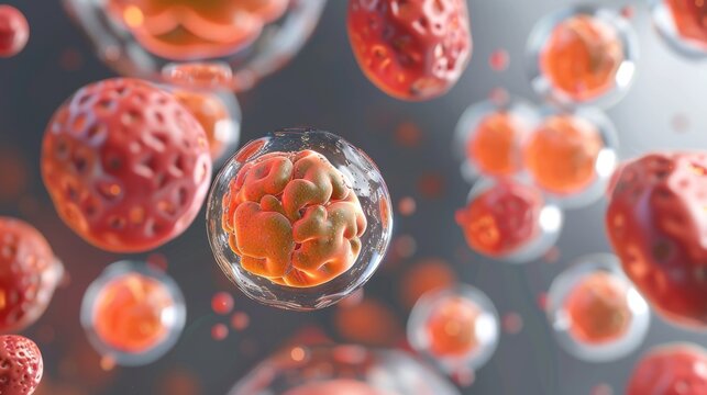 3D illustration of a group of red and orange cancer cells.