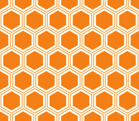 Background with hexagon pattern. Orange color on matching background. Hexagon mosaic pattern with inner solid cells. Large hexagon shapes. Seamless pattern. Tileable vector illustration.