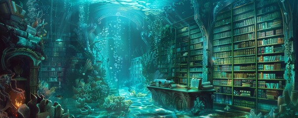 Obraz premium In a fantasy underwater deep ocean mysterious antiquity library background, which uses digital art in 3D,