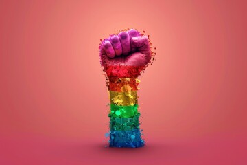 Raised rainbow fist on a pink background symbolizing strength pride and solidarity in a vibrant and powerful illustration