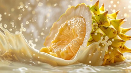 Fresh durian fruit splash in milk, showcasing its spiky exterior and creamy interior. Perfect for food, exotic fruits, and culinary themes.