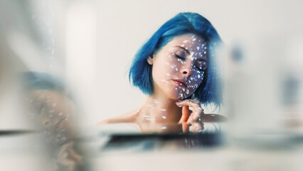 Inner self. Pleasure harmony. Delicate creative woman peacefully resting dreaming flickering lights...