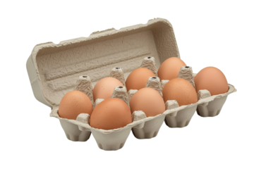 A dozen brown eggs in a cardboard carton on a white background, ideal for cooking, baking, and culinary
