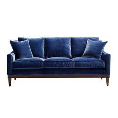 Modern sofa design in navy blue upholstery, clean lines, tapered wooden legs. Isolated on white, ideal for living room decor.